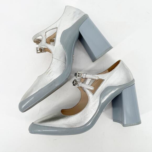 Prada F/W 2015 Silver Metallic Leather Mary Jane Rubber Trim Block Heels IT 37.5 - Picture 6 of 16